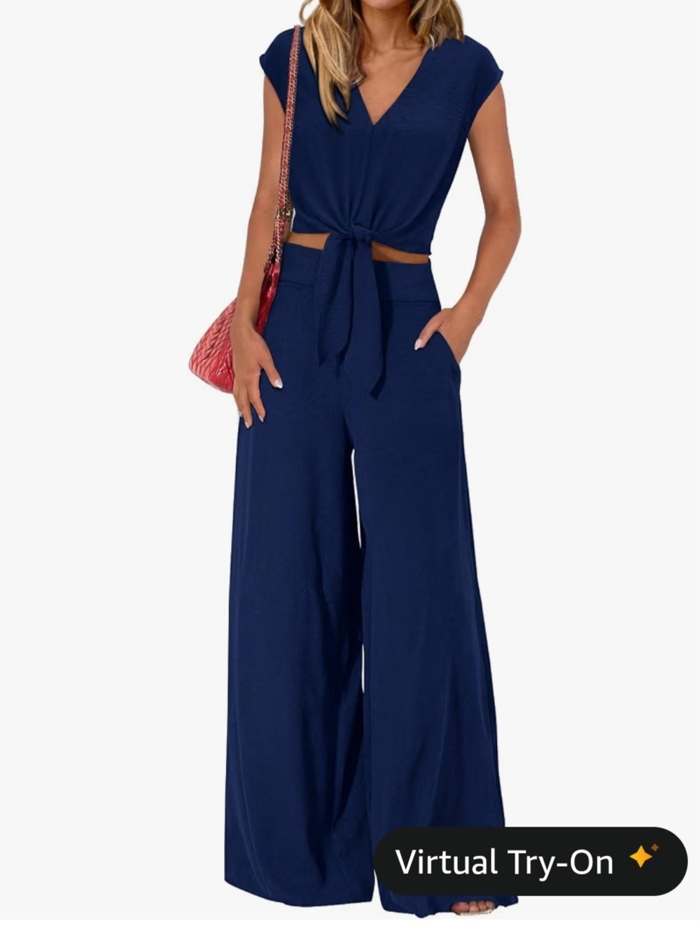 NWT Navy Blue Tie Front Crop Top Wide Leg Pants 2 Piece Set XL